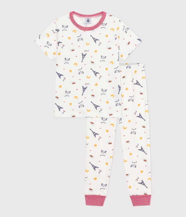 Pijama infantil de algod&oacute;n de manga corta y pierna larga con estampado blanco/multicolor