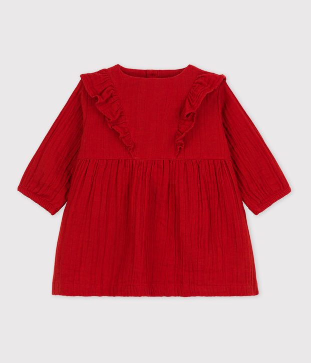 Vestido de gasa de algod&oacute;n de manga larga para beb&eacute; rojo
