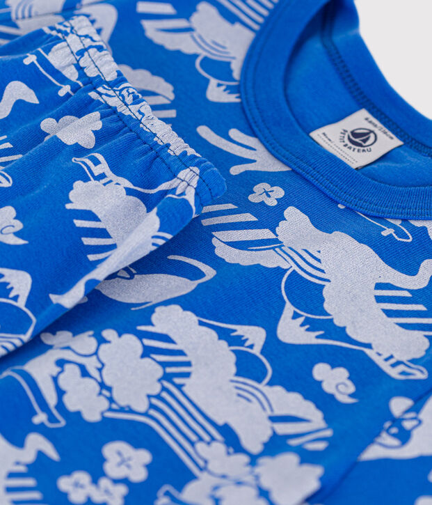 Pijama corto infantil de algod&oacute;n con estampado azul/blanco