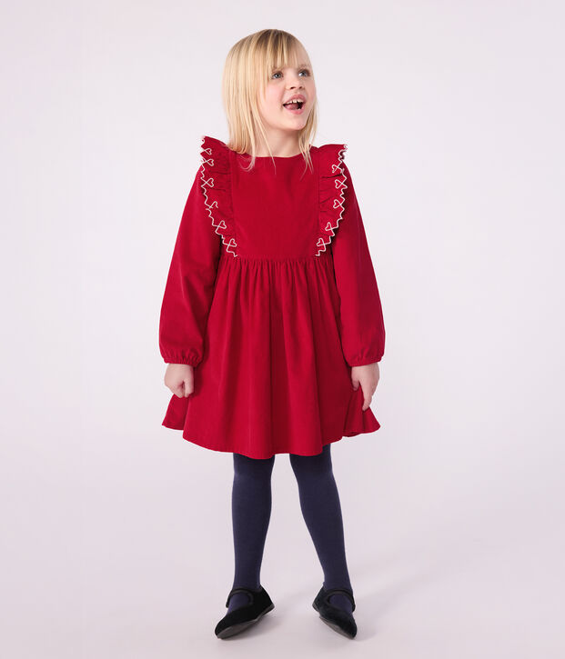 Vestido infantil liso de pana de manga larga rojo