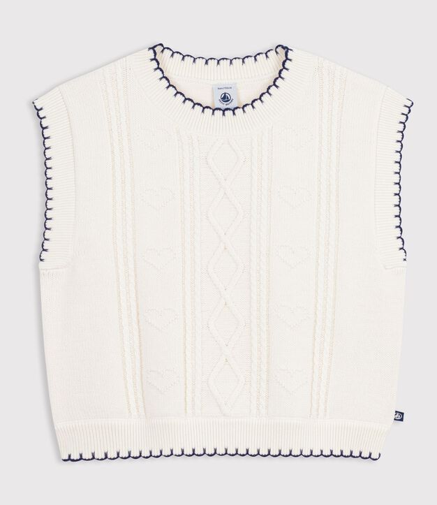 Jersey infantil sin mangas de lana y algod&oacute;n con detalle trenzado blanco