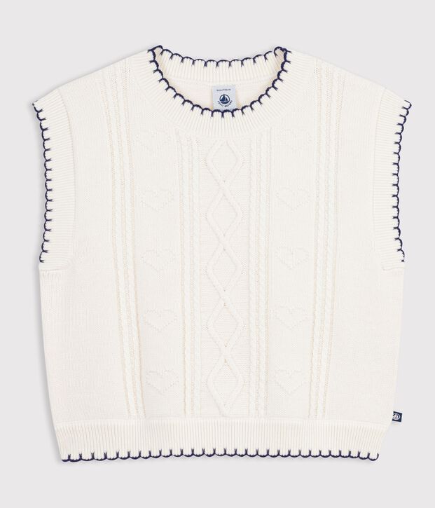 Jersey infantil sin mangas de lana y algod&oacute;n con detalle trenzado blanco