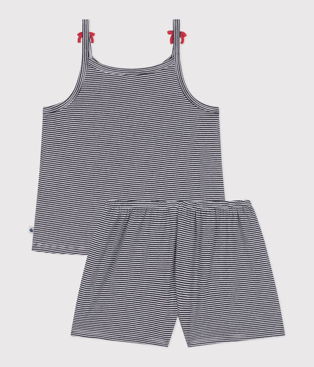 Pijama corto infantil de algod&oacute;n de tirantes a rayas azul/blanco
