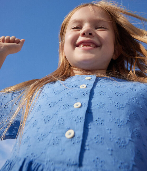 Vestido de manga corta de bordado inglés para niña azul GAULOISE