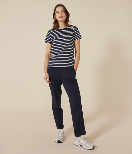 Camiseta LA RECTA de algodón con cuello redondo para mujer azul SMOKING/blanco MARSHMALLOW
