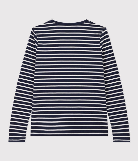 Camiseta LA RECTA de algodón con cuello de pico para mujer azul SMOKING/blanco MARSHMALLOW