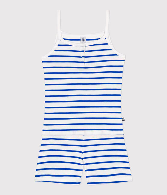 Pijama corto de algodón de tirantes a rayas para mujer blanco MARSHMALLOW/azul PERSE