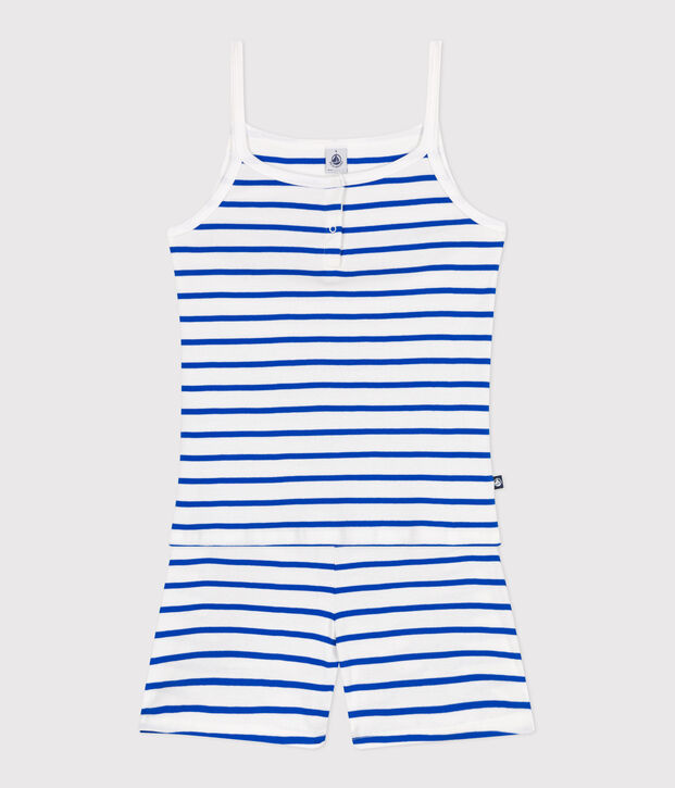 Pijama corto de algod&oacute;n de tirantes a rayas para mujer blanco/azul