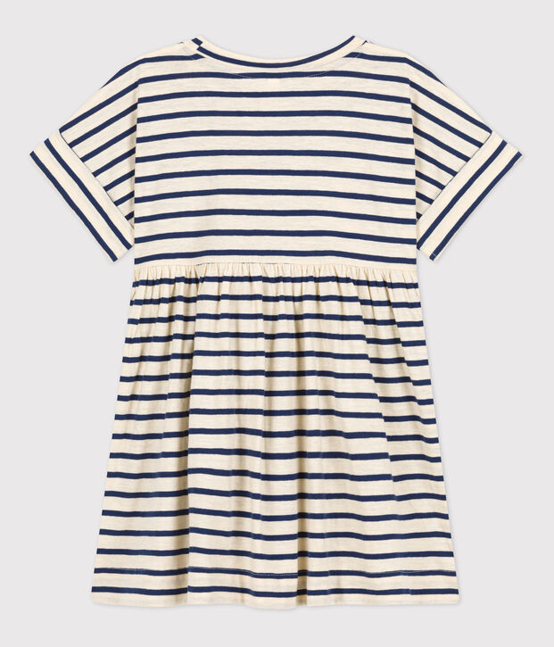 Vestido a rayas de manga corta de algod&oacute;n de ni&ntilde;a crudo/azul