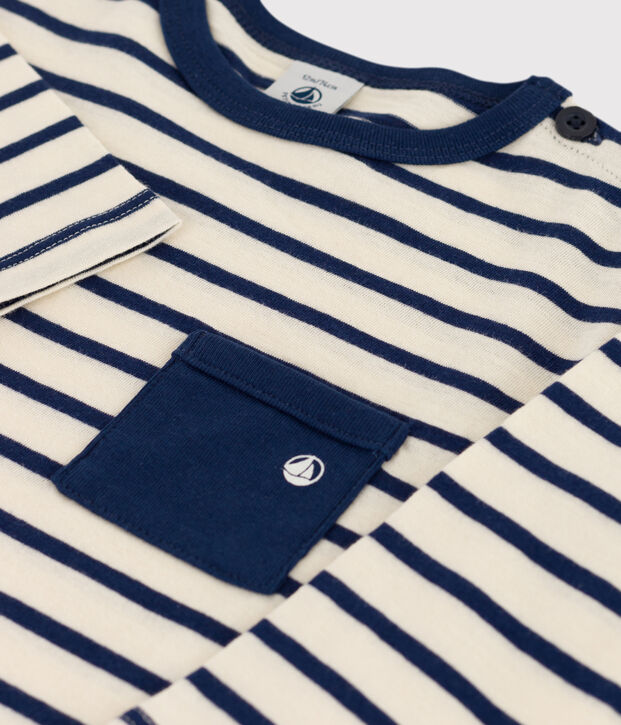 Camiseta de algod&oacute;n de manga larga para beb&eacute; crudo/azul