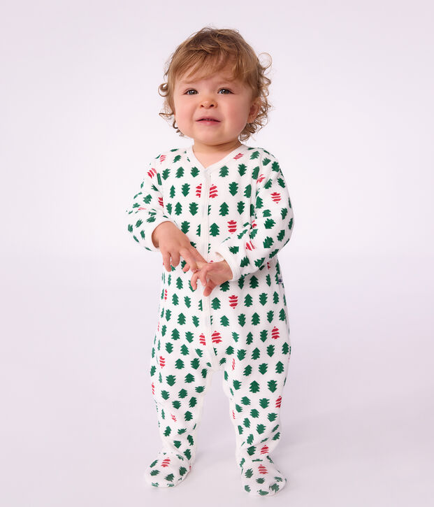 Pijama de terciopelo con estampado de abetos para beb&eacute; blanco/multicolor