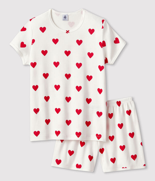 Pijama corto de algod&oacute;n de ni&ntilde;a con corazones blanco/rojo