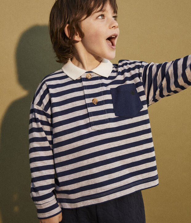 Polo de manga larga a rayas de algod&oacute;n de ni&ntilde;o azul/gris