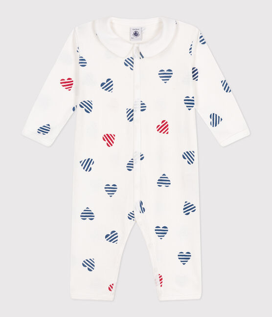 Pijama sin pies de algodón con cuello con corazón a rayas para bebé blanco MARSHMALLOW/blanco MULTICO