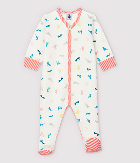 Pijama enterizo de gatitos de colores de bebé en punto de doble cara blanco MARSHMALLOW/blanco MULTICO