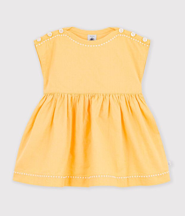 Vestido liso de algod&oacute;n/lino de manga corta para beb&eacute; amarillo
