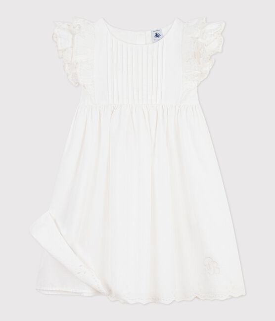 Vestido infantil liso de algodón de manga corta blanco ECUME