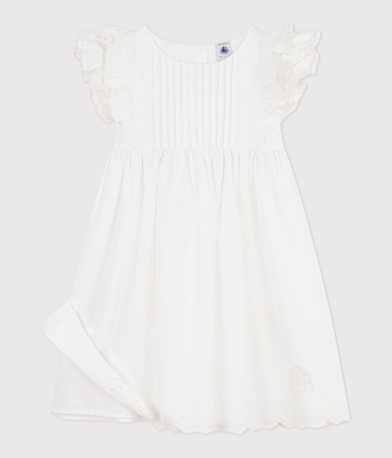 Vestido infantil liso de algod&oacute;n de manga corta blanco