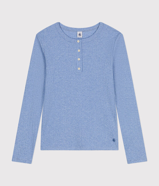 Camiseta lisa de manga larga de punto desagujado con cuello mao para mujer azul SKY CHINE