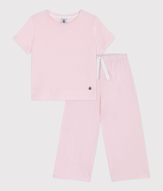 Pijama infantil de manga corta y pernera ancha de algodón a rayas rosa MARQUISE/ MARSHMALLOW