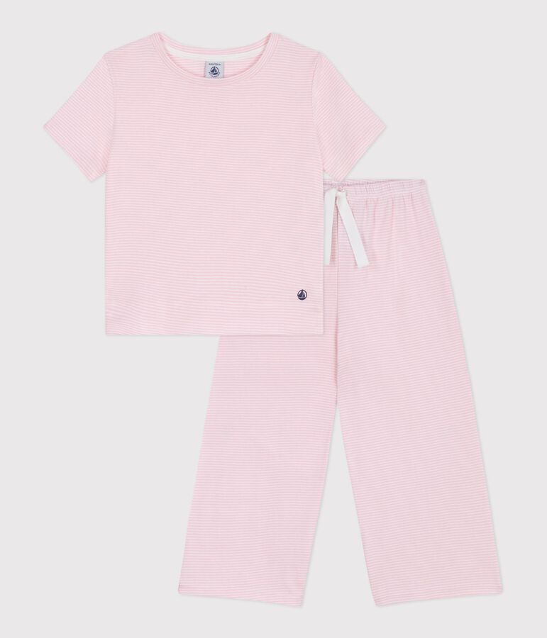 Pijama infantil de manga corta y pernera ancha de algod&oacute;n a rayas rosa/blanco