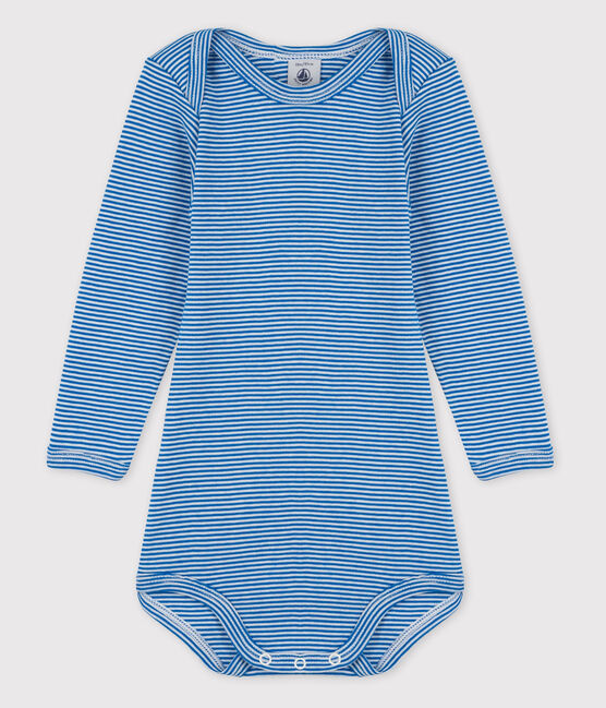 Bodi de manga larga de bebé niña azul RUISSEAU/blanco MARSHMALLOW