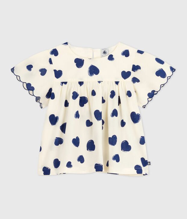 Blusa infantil de manga corta de popelina de algod&oacute;n estampada azul/azul