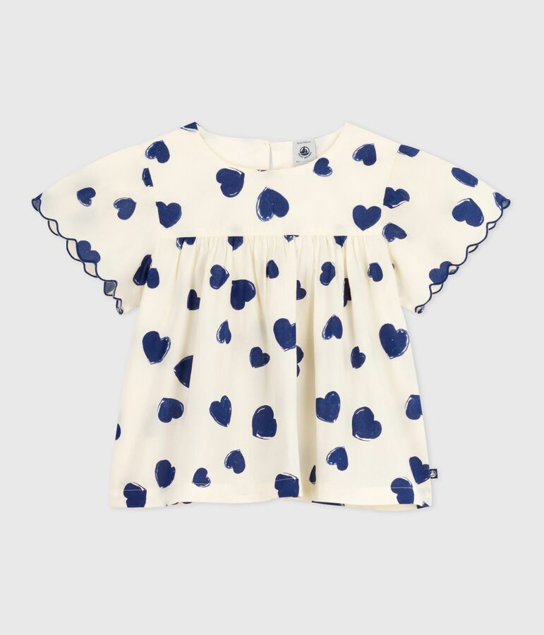 Blusa infantil de manga corta de popelina de algod&oacute;n estampada crudo/azul