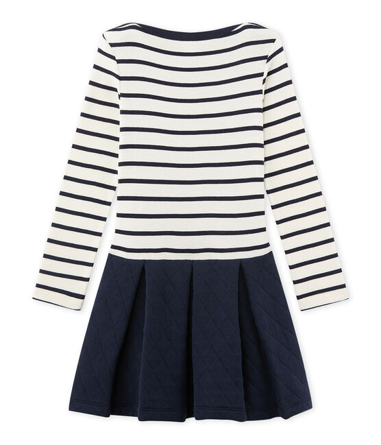 Vestido bi-materia para niña beige COQUILLE/azul SMOKING