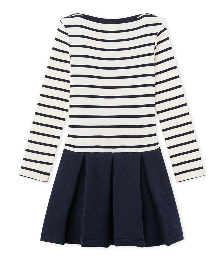 Vestido bi-materia para ni&ntilde;a beige COQUILLE/azul SMOKING