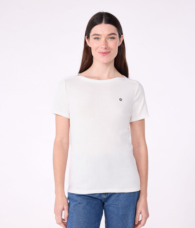 Camiseta ic&oacute;nica de mujer con cuello almirante de algod&oacute;n blanco