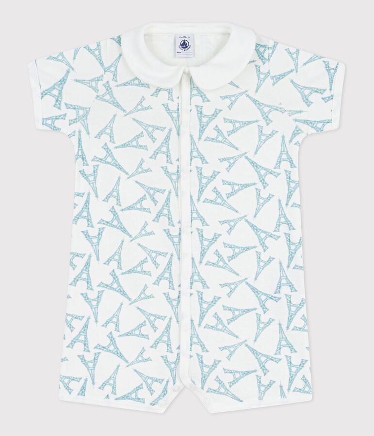 Mono corto de algod&oacute;n con cuello y estampado de torre Eiffel para beb&eacute; blanco/verde