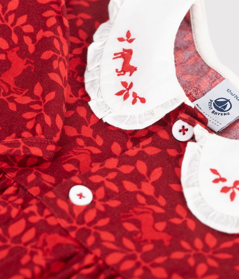 Vestido de algod&oacute;n estampado de manga larga con cuello bordado para beb&eacute; rojo/rojo