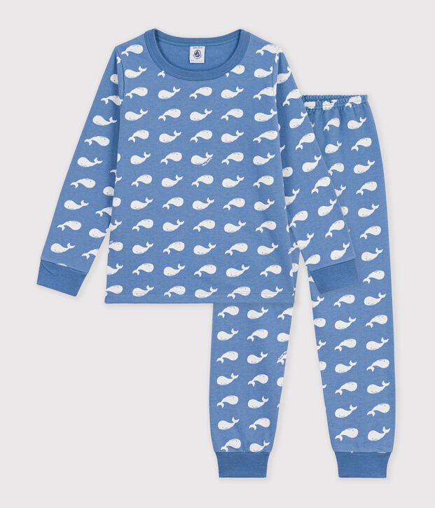 Pijama infantil de mulet&oacute;n con estampado de ballenas azul/blanco