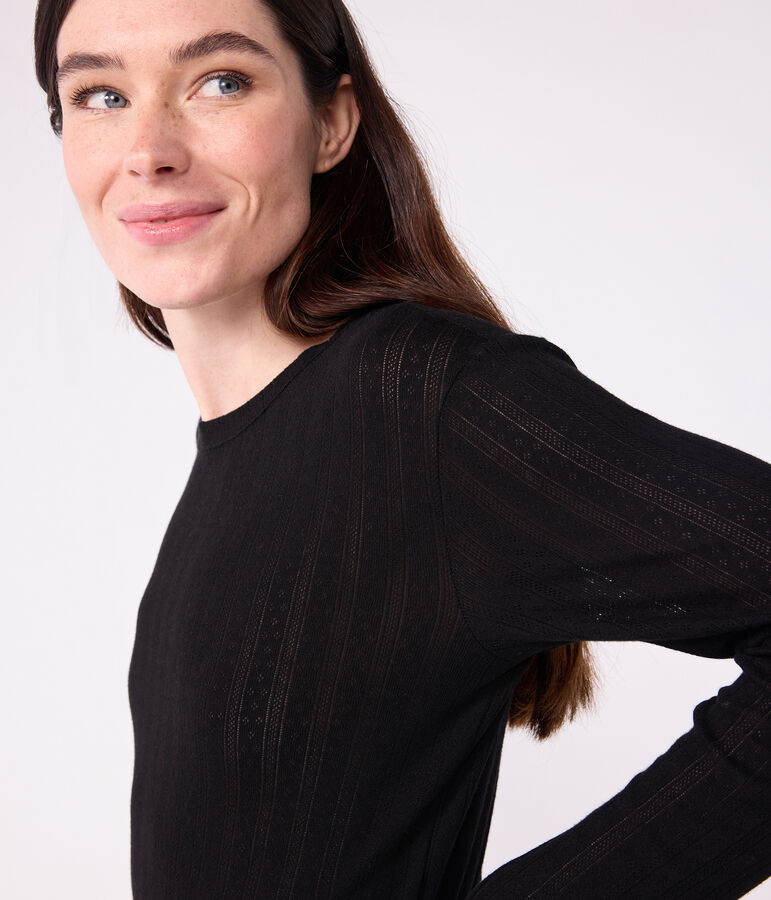 Camiseta Ic&oacute;nica de manga larga de algod&oacute;n calado para mujer negro