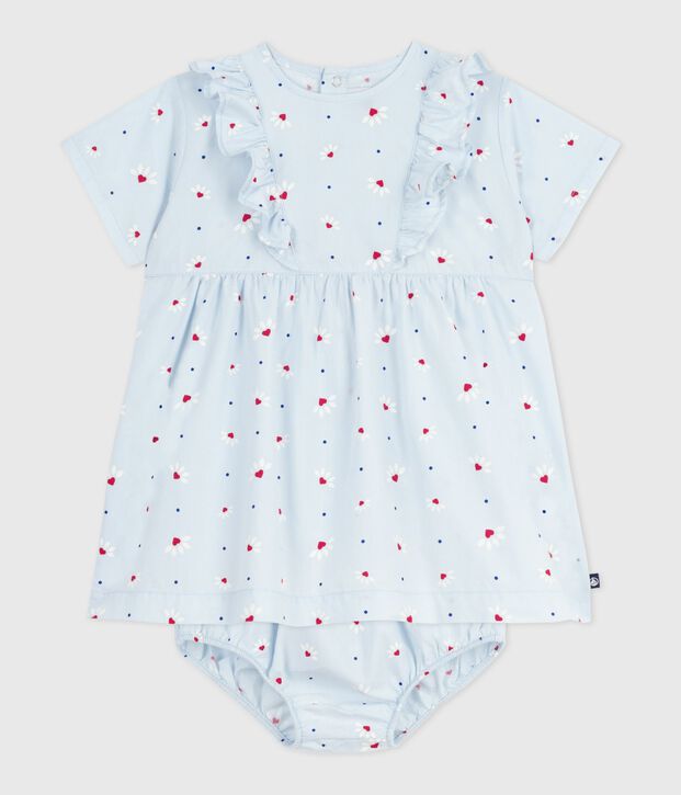 Vestido estampado de algod&oacute;n de manga corta y pololo para beb&eacute; azul/multicolor