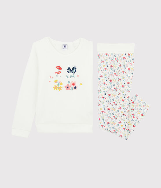 Pijama de rizo picado para niña con cintura subida blanco MARSHMALLOW/blanco MULTICO