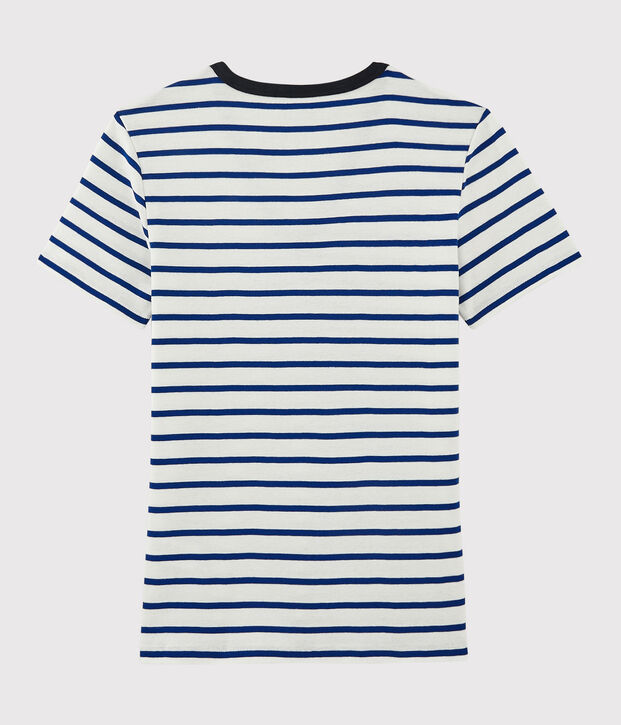 Camiseta de cuello de pico emblem&aacute;tica de algod&oacute;n de mujer blanco/azul