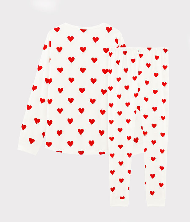 Pijama de ni&ntilde;a-mujer con corazones de punto blanco/rojo