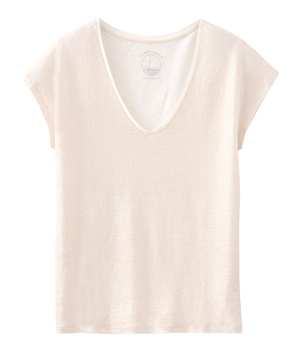 Camiseta manga corta lisa de lino irisada para mujer blanco/rosa