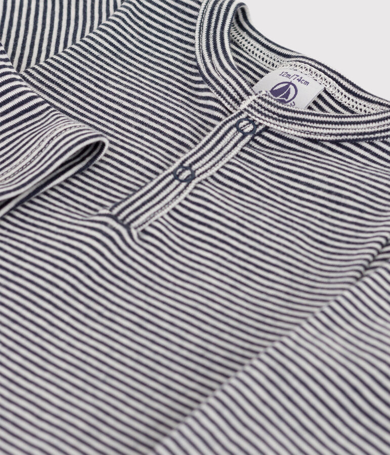 Bodi de manga larga con cuello tunecino a rayas de algod&oacute;n de beb&eacute; azul/blanco