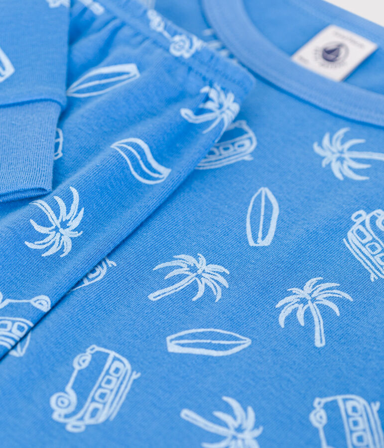 Pijama infantil de manga larga de algod&oacute;n con estampado de furgonetas azul/blanco