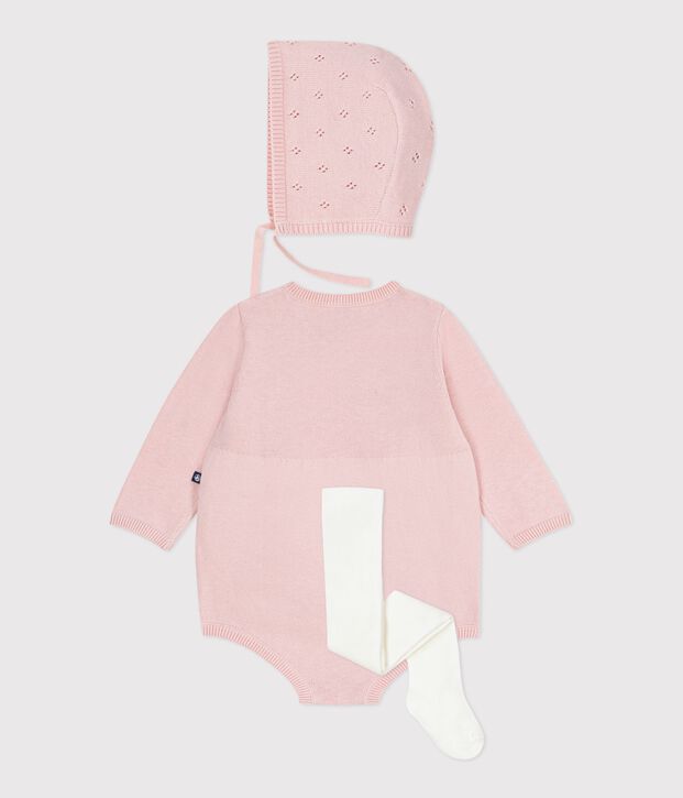 Conjunto de regalo para beb&eacute; de punto tricotado con capota, pelele y leotardos multicolor