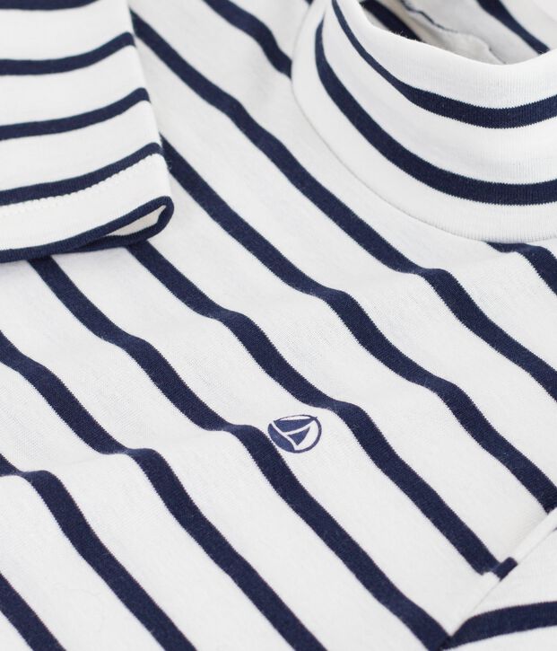 Camiseta infantil de cuello alto de algod&oacute;n a rayas blanco/azul