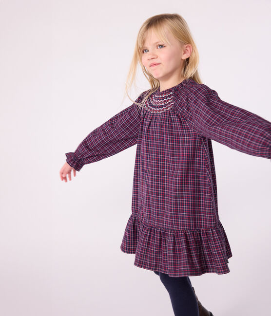 Vestido infantil de manga larga de franela a cuadros azul SMOKING/blanco MULTICO