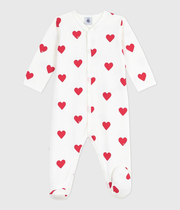 Pijama de felpa cepillada con cuello estampado de corazones para beb&eacute; blanco/rojo