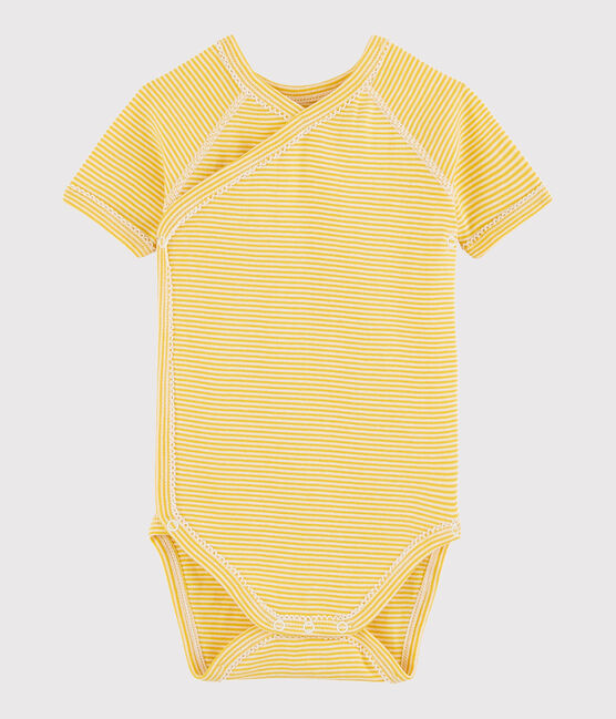 Bodi cruzado de manga corta de bebé niña/niño amarillo HONEY/blanco MARSHMALLOW
