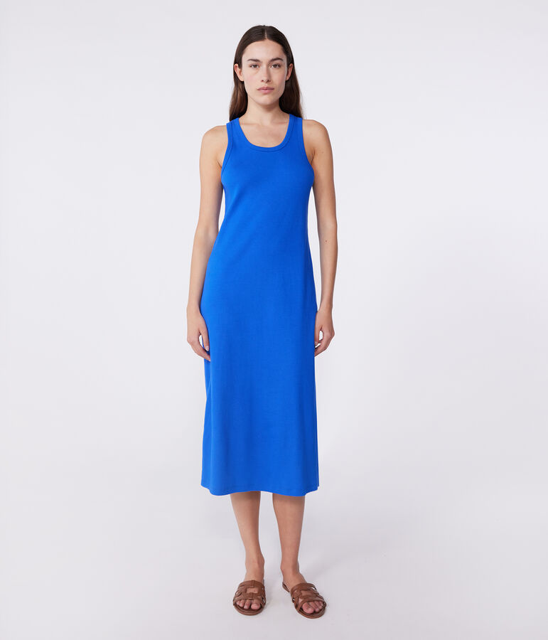 Vestido largo tipo camiseta sin mangas de algod&oacute;n para mujer azul