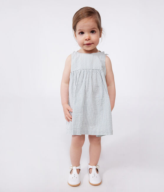 Vestido sin mangas de algodón a rayas para bebé blanco MARSHMALLOW/azul BRUT