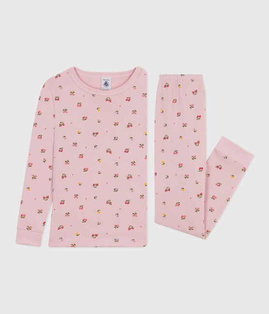 Pijama infantil de algodón con pierna muy ajustada y estampado de flores rosa JOLI/blanco MULTICO
